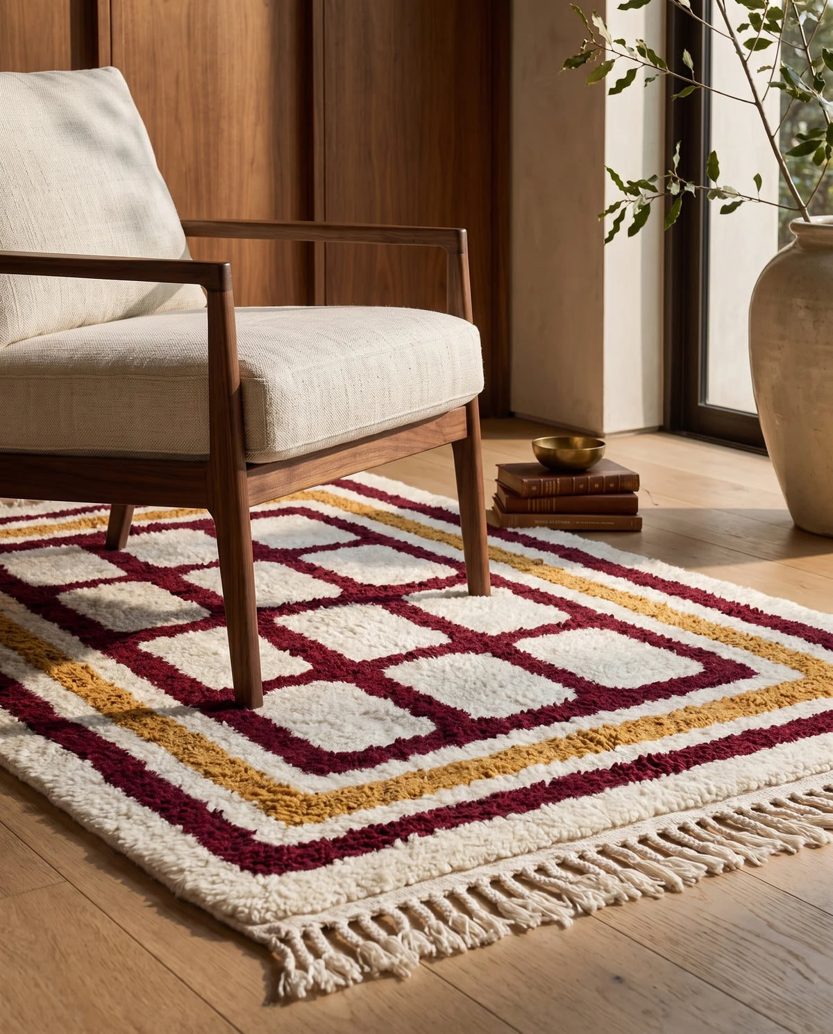Burgundy, Ochre Yellow and Cream grid wool rug in a furnished room