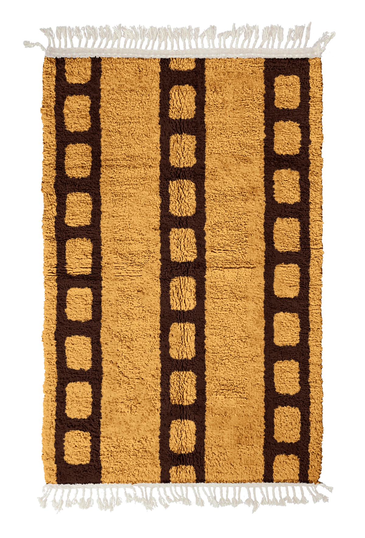 Ladder Crossing grid wool rug, dark brown lines on ochre yellow, full view