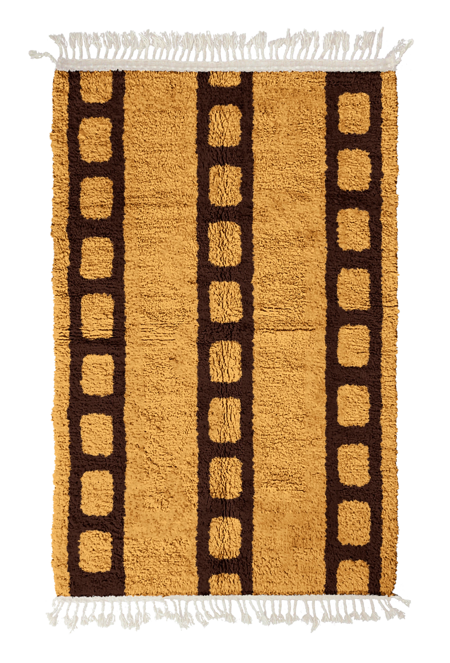 Ladder Crossing grid wool rug, dark brown lines on ochre yellow, full view
