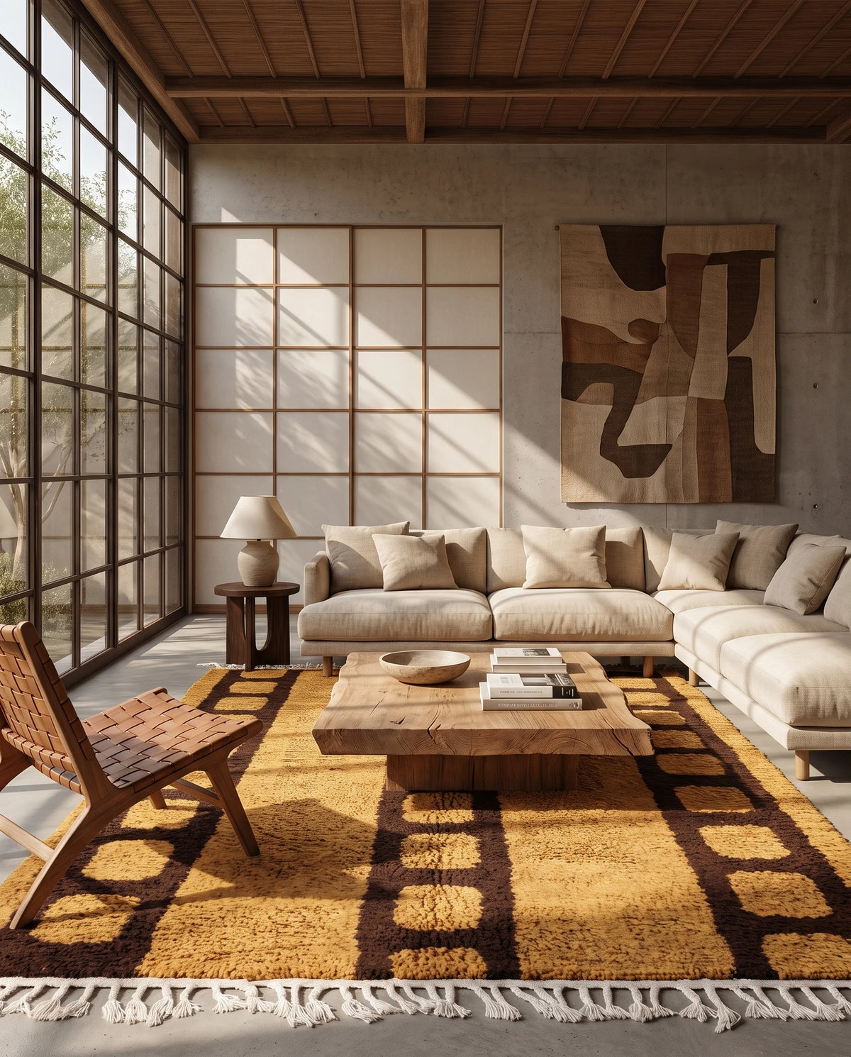 Brown and Ochre Yellow grid wool rug in a furnished room
