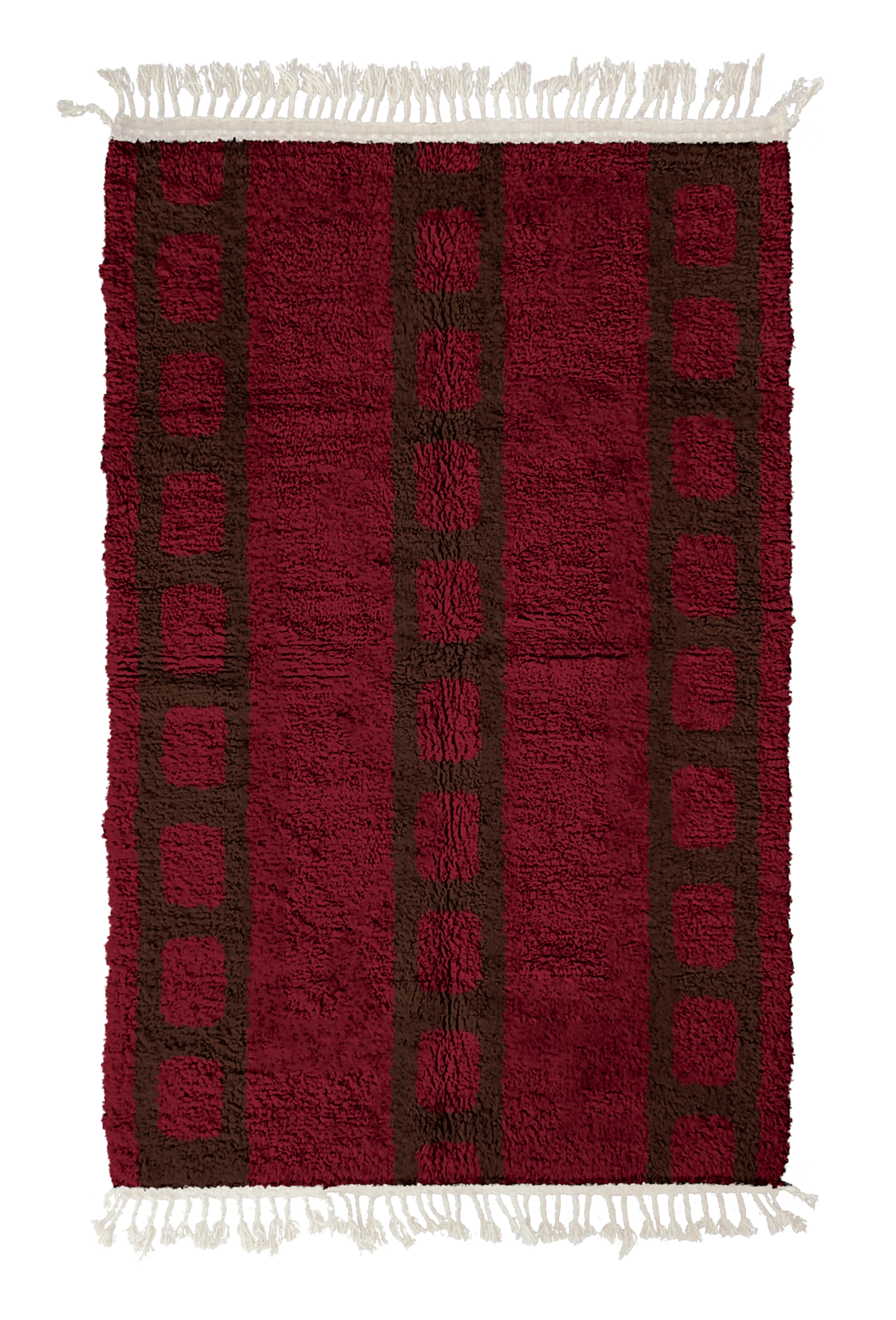 Ladder Crossing grid wool rug, dark brown lines on burgundy, full view