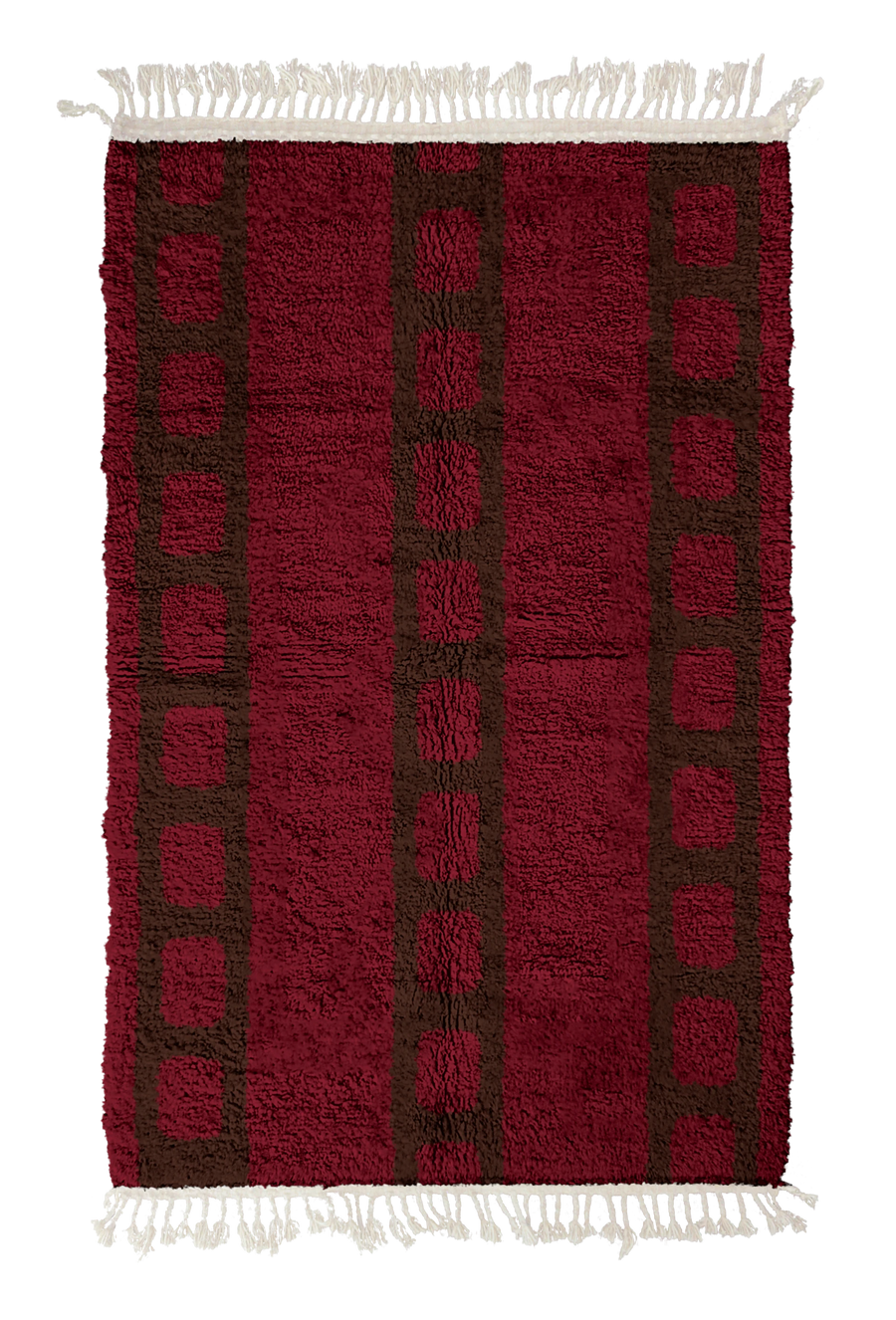 Ladder Crossing grid wool rug, dark brown lines on burgundy, full view