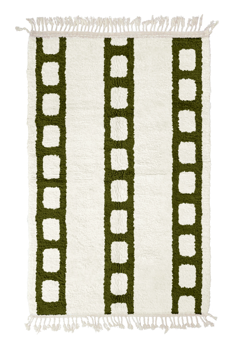 Ladder Crossing grid wool rug, olive green lines on cream, full view
