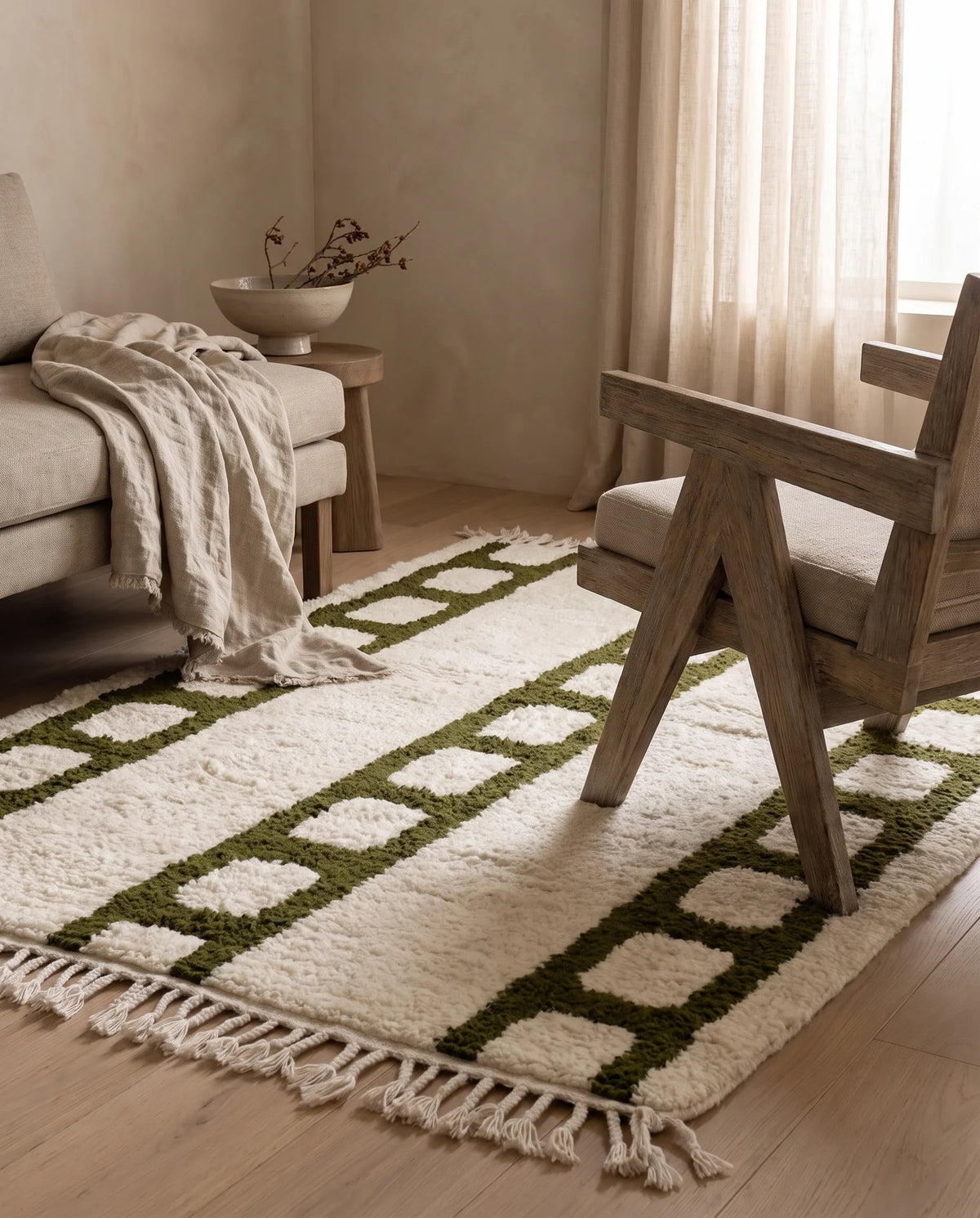 Olive Green and Cream grid wool rug in a furnished room
