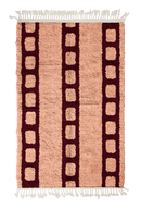 Ladder Crossing grid wool rug, oxblood red lines on blush pink, full view