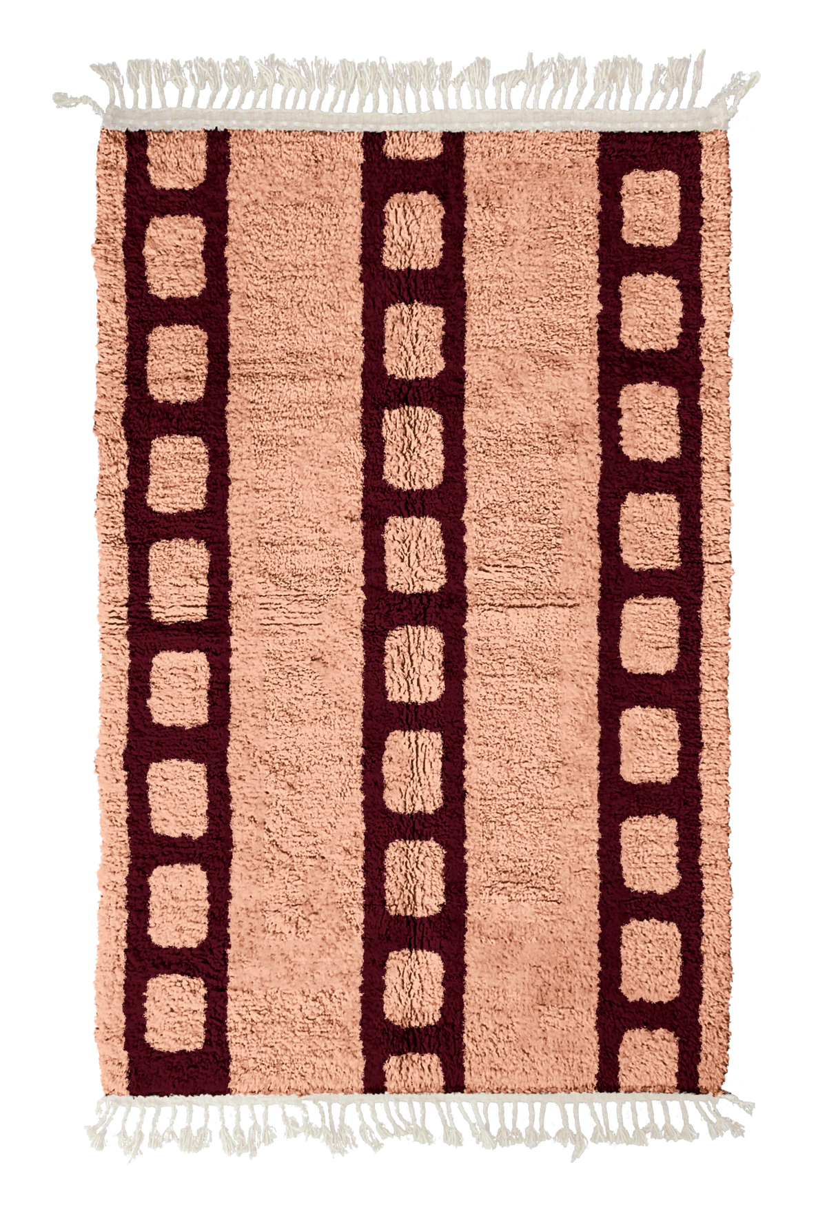 Ladder Crossing grid wool rug, oxblood red lines on blush pink, full view