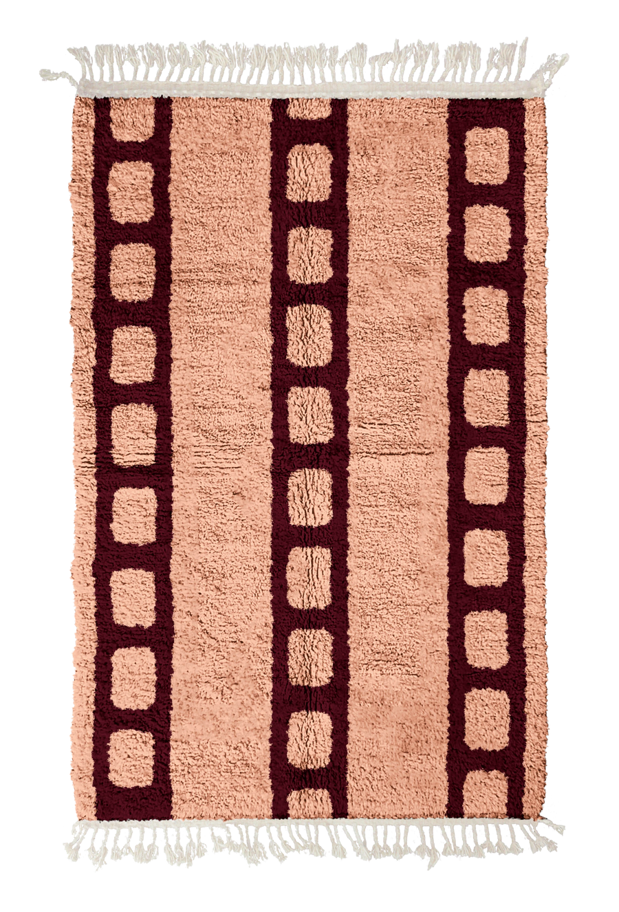 Ladder Crossing grid wool rug, oxblood red lines on blush pink, full view
