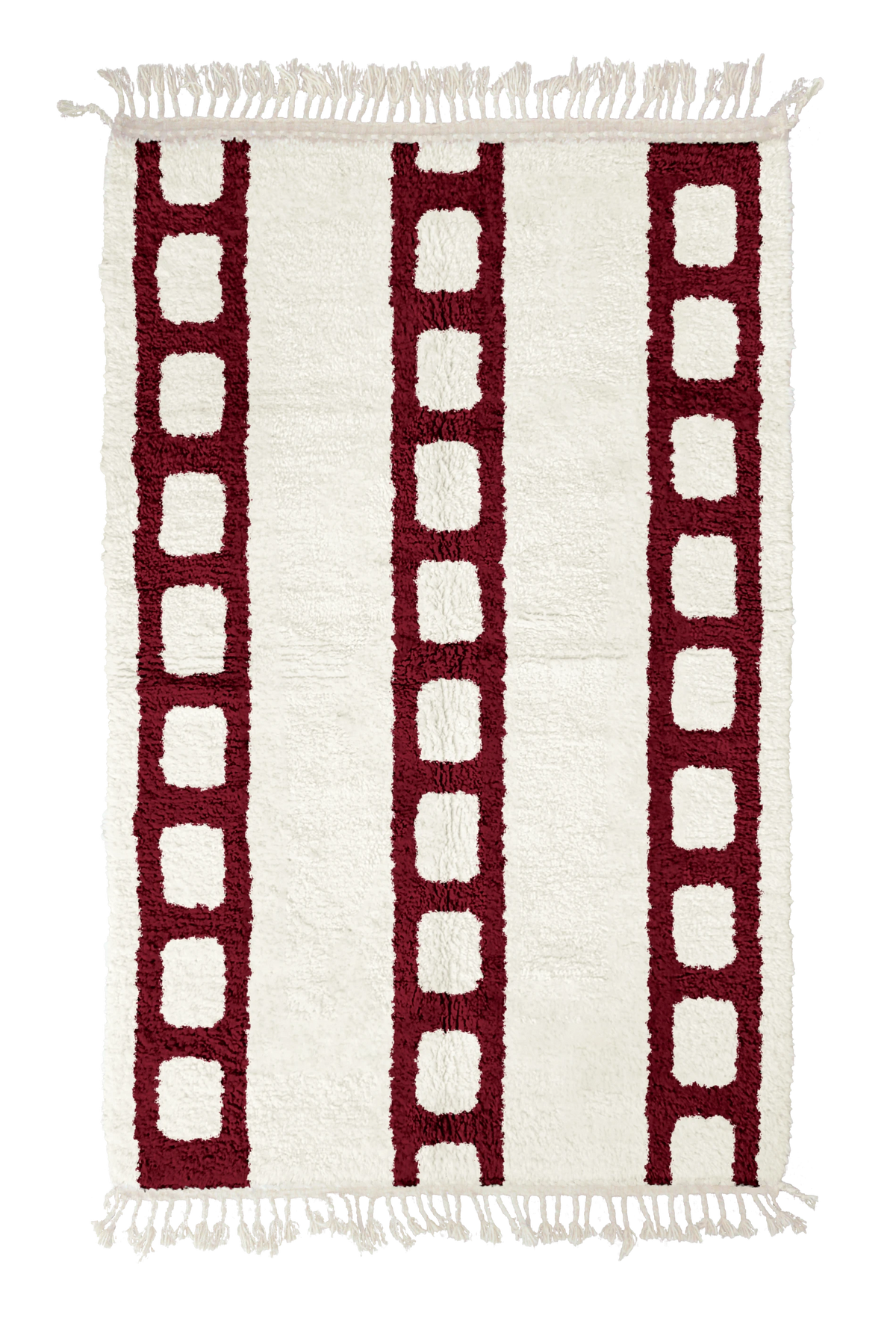 Ladder Crossing grid wool rug, burgundy lines on cream, full view