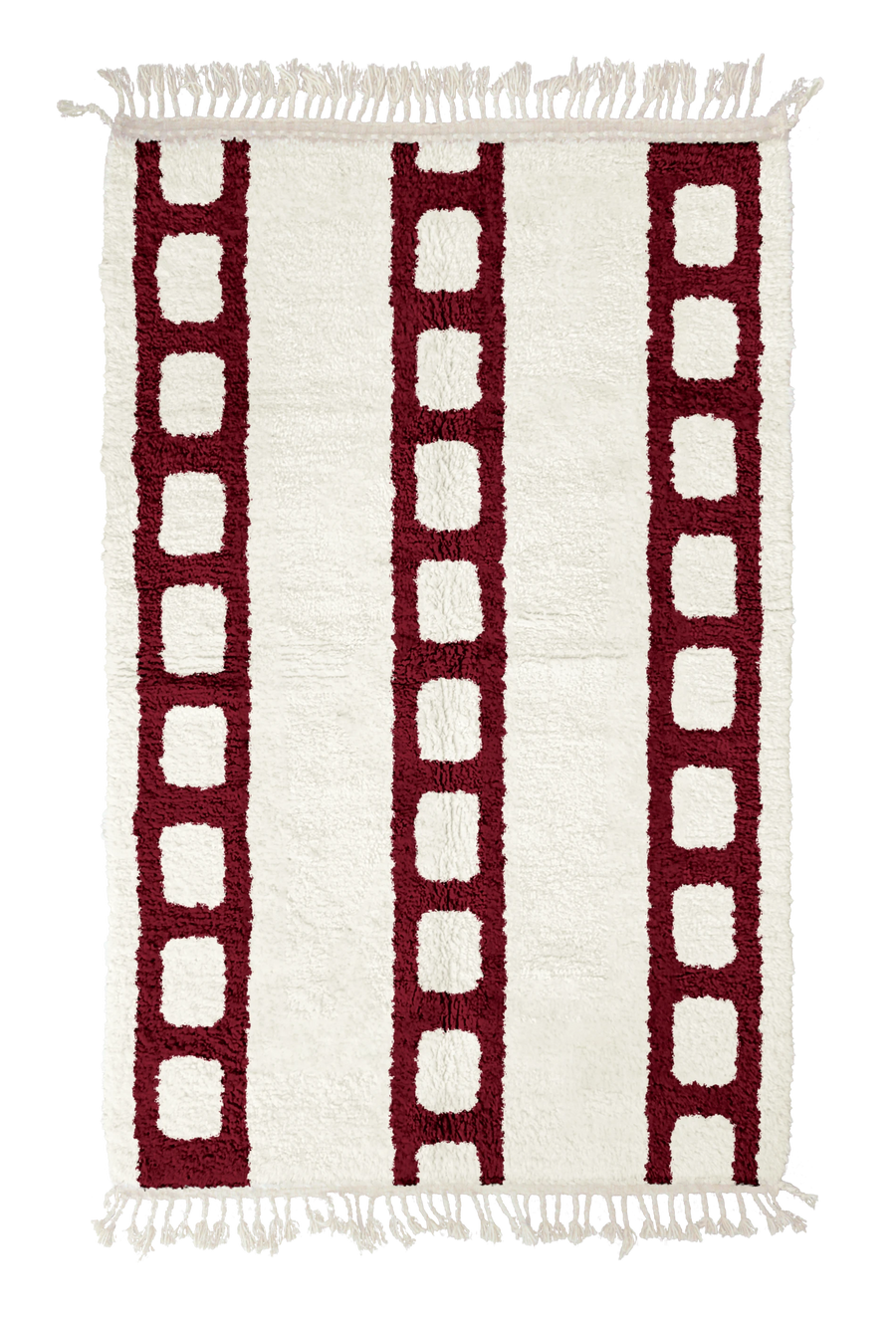 Ladder Crossing grid wool rug, burgundy lines on cream, full view