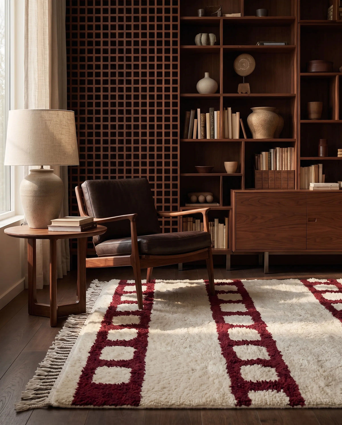 Burgundy and Cream grid wool rug in a furnished room