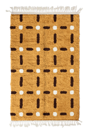 Open Crossing grid wool rug, dark brown lines and cream accents on ochre yellow, full view