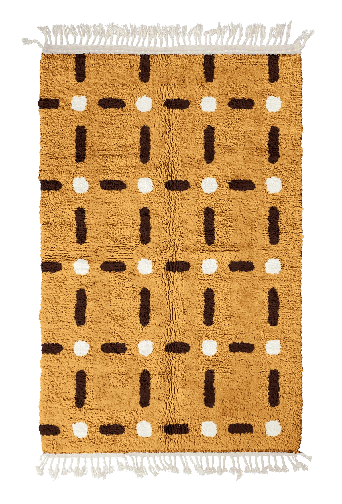 Open Crossing grid wool rug, dark brown lines and cream accents on ochre yellow, full view