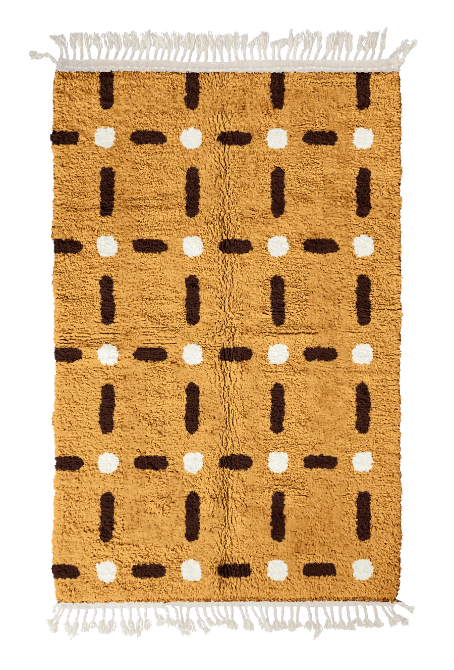 Open Crossing grid wool rug, dark brown lines and cream accents on ochre yellow, full view