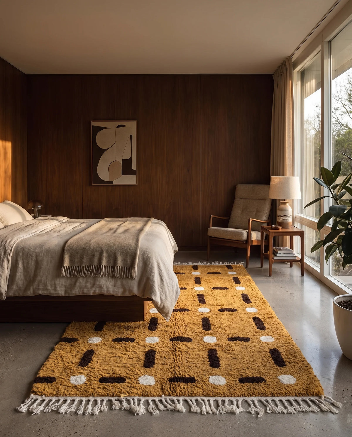 Brown, Cream and Ochre Yellow grid wool rug in a furnished room
