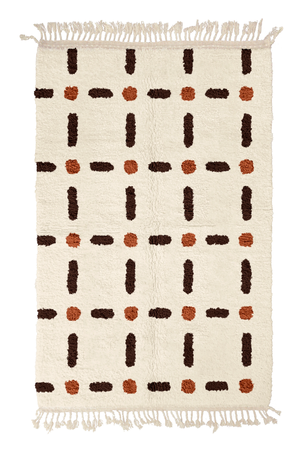 Open Crossing grid wool rug, dark brown lines and terracotta accents on cream, full view