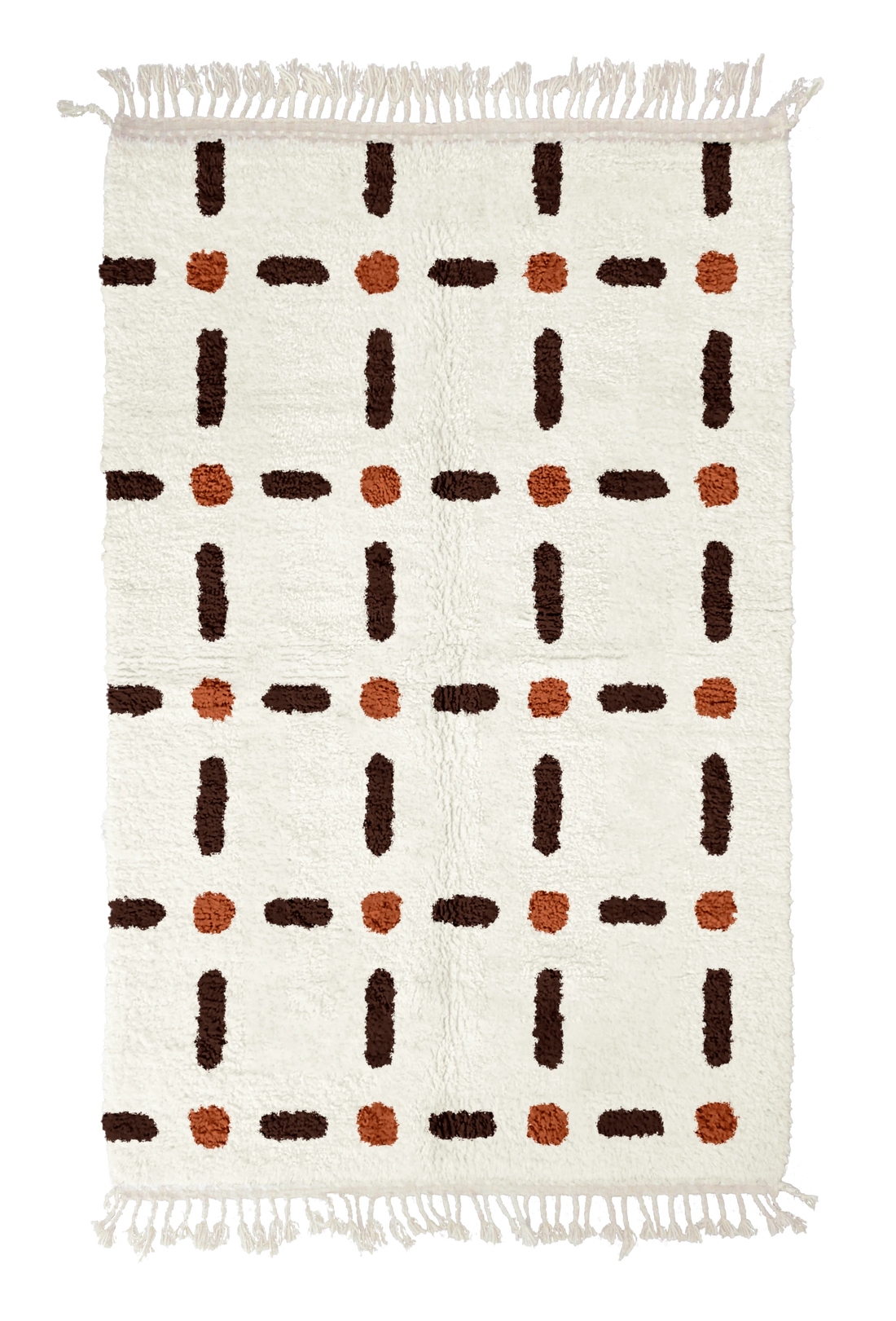 Open Crossing grid wool rug, dark brown lines and terracotta accents on cream, full view