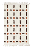 Load image into Gallery viewer, Open Crossing grid wool rug, dark brown lines and terracotta accents on cream, full view
