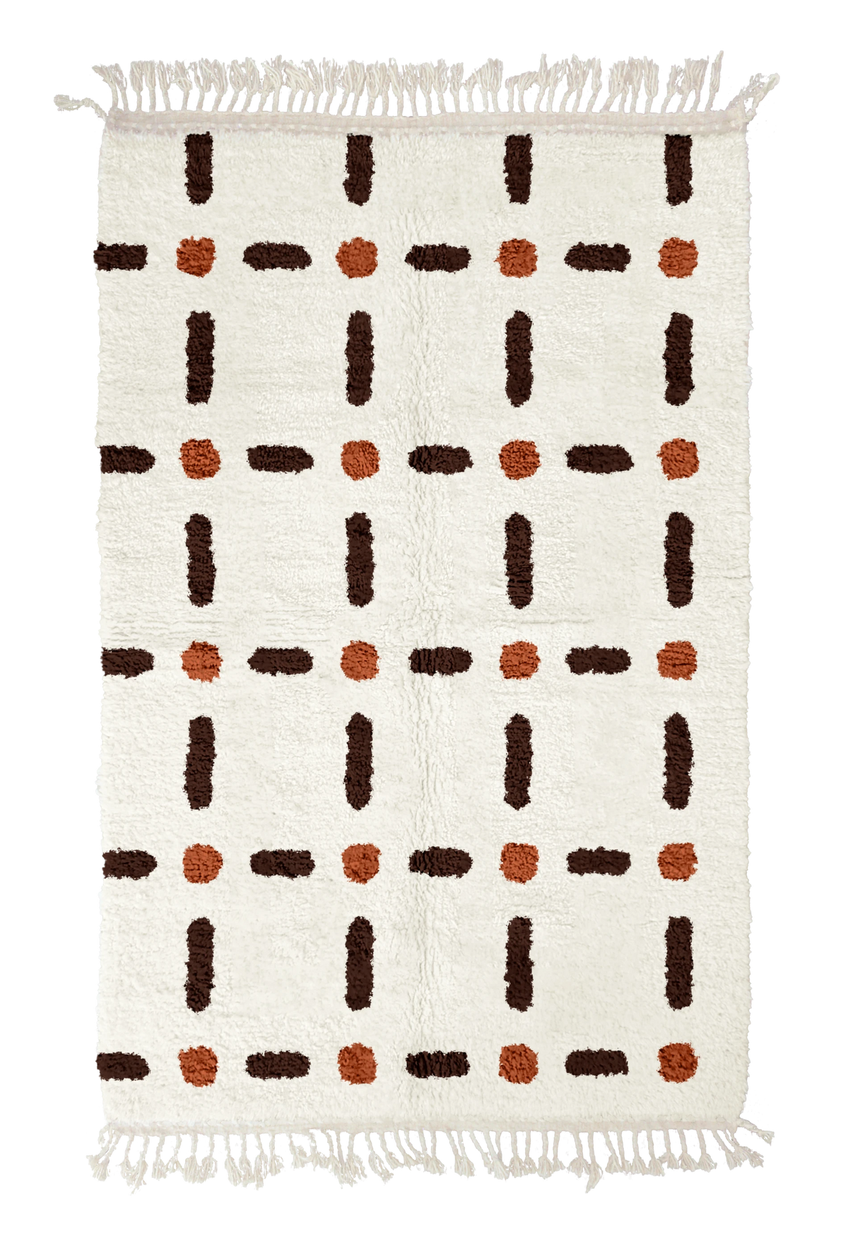 Open Crossing grid wool rug, dark brown lines and terracotta accents on cream, full view