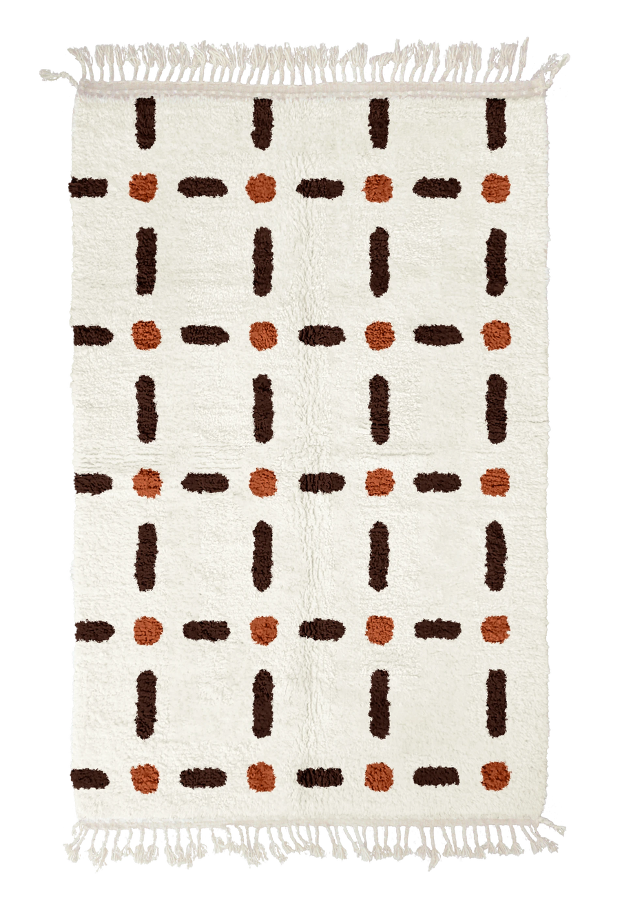 Open Crossing grid wool rug, dark brown lines and terracotta accents on cream, full view