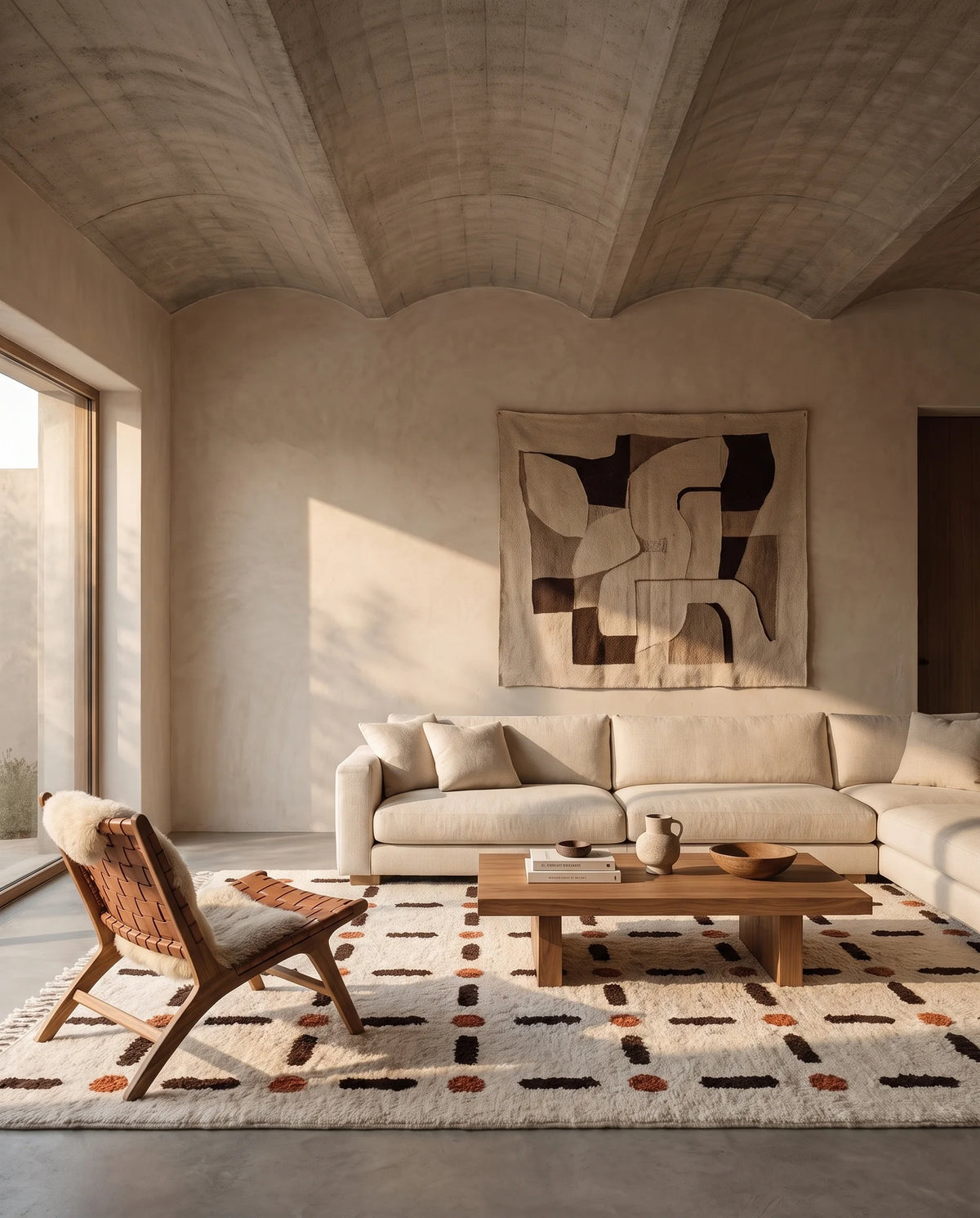 Brown, Terracotta and Cream grid wool rug in a furnished room