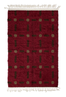 Open Crossing grid wool rug, dark brown lines and warm taupe accents on burgundy, full view