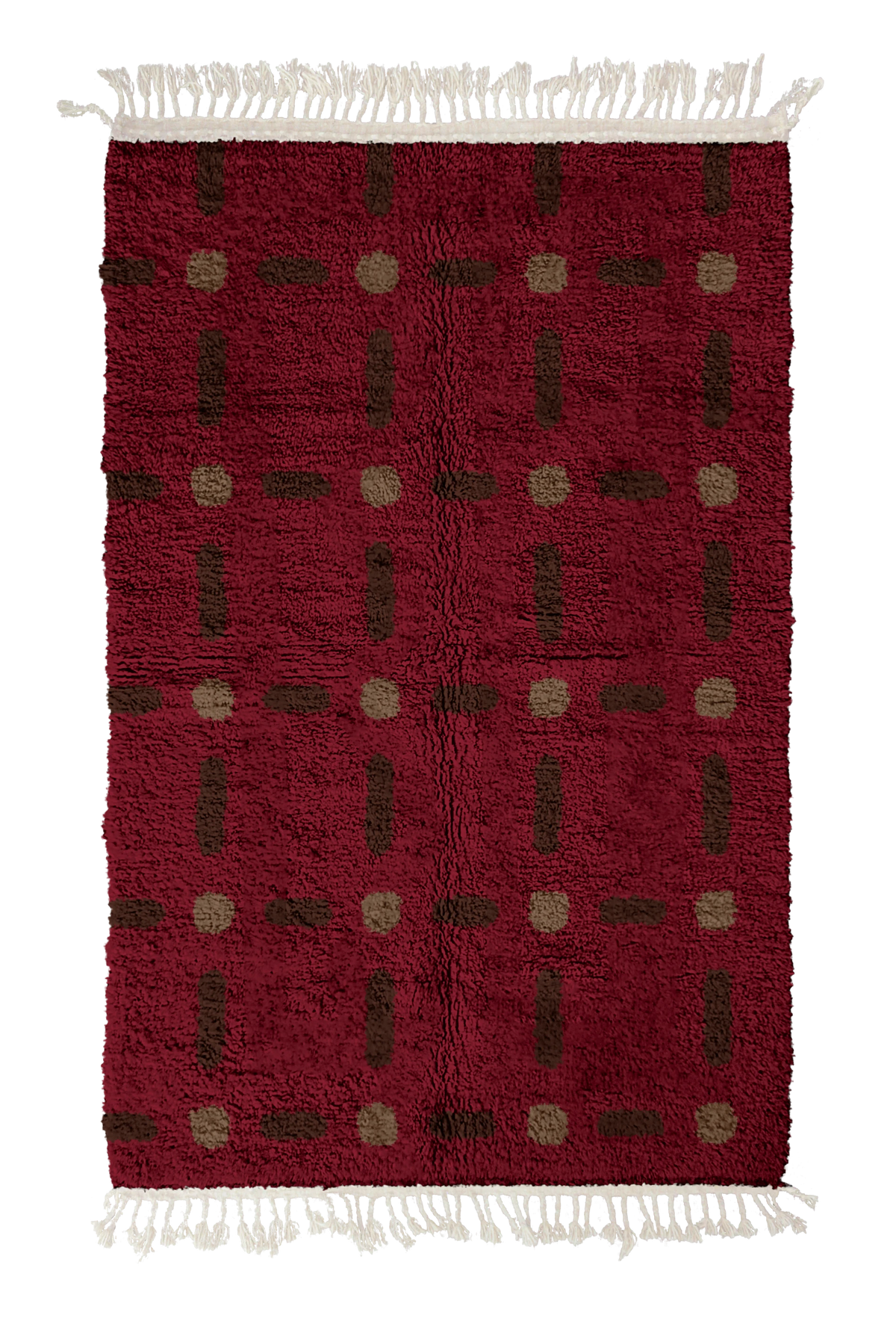 Open Crossing grid wool rug, dark brown lines and warm taupe accents on burgundy, full view