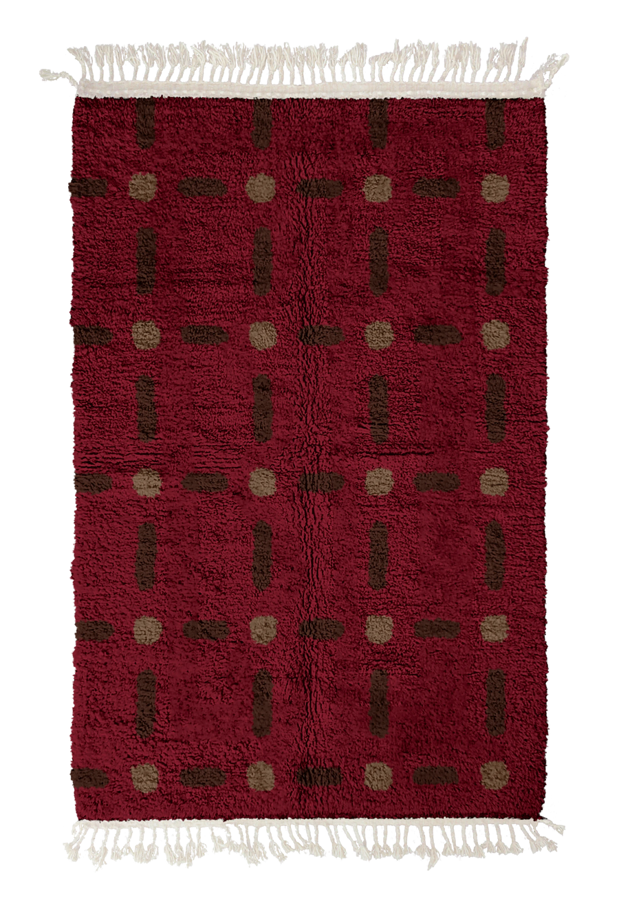 Open Crossing grid wool rug, dark brown lines and warm taupe accents on burgundy, full view