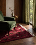Load image into Gallery viewer, Brown, Taupe and Burgundy grid wool rug in a furnished room
