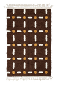 Load image into Gallery viewer, Open Crossing grid wool rug, cream lines and ochre yellow accents on dark espresso brown, full view
