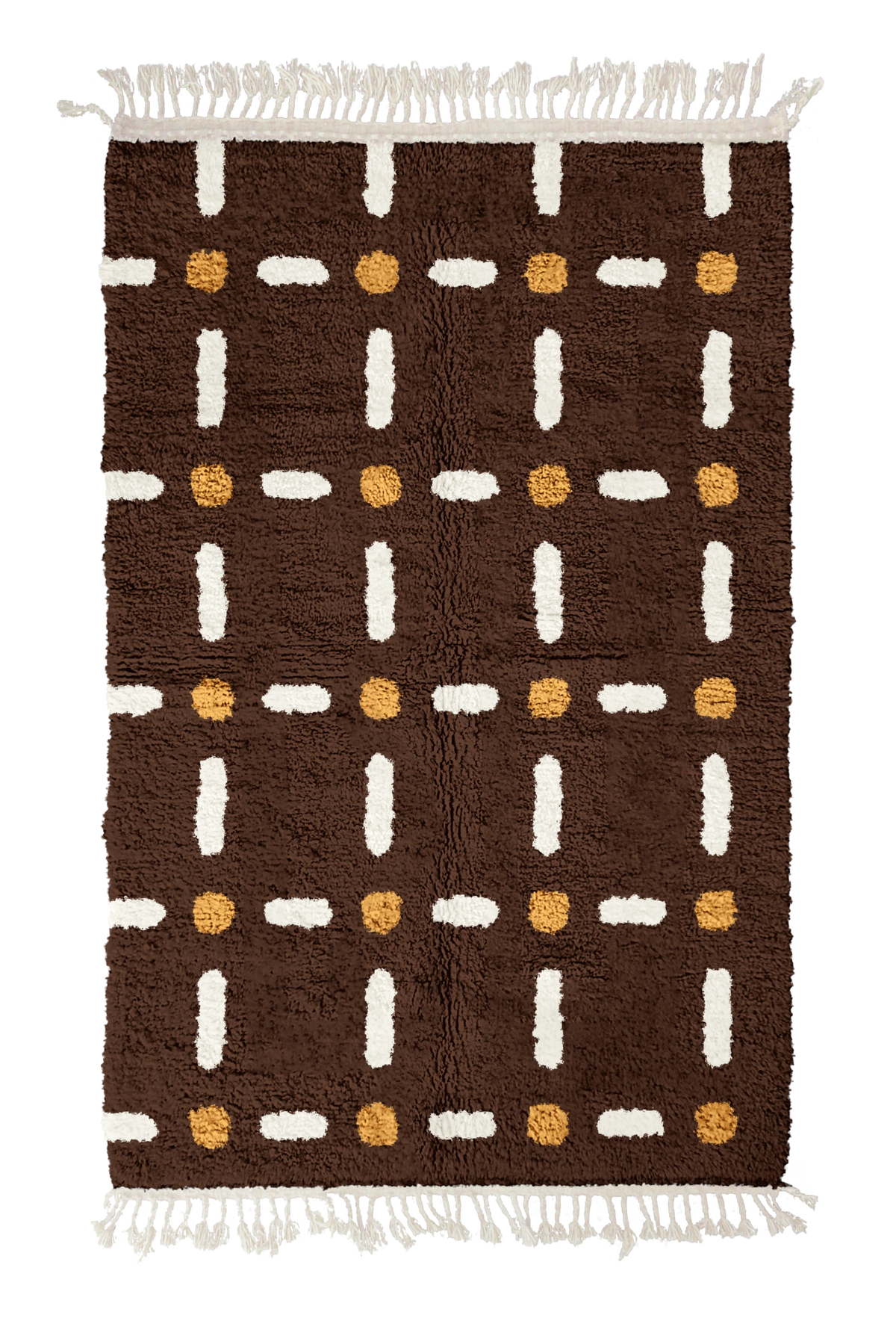 Open Crossing grid wool rug, cream lines and ochre yellow accents on dark espresso brown, full view