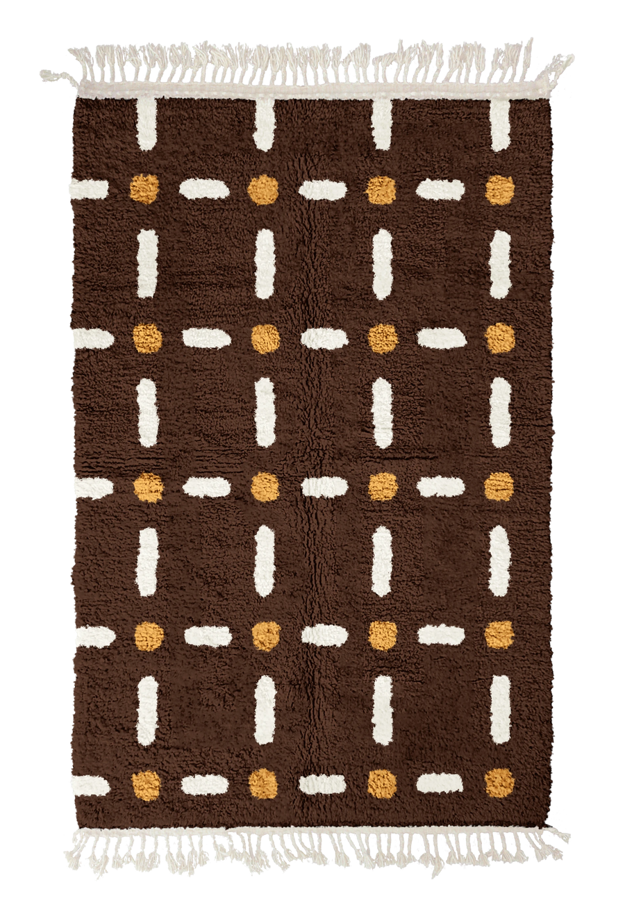 Open Crossing grid wool rug, cream lines and ochre yellow accents on dark espresso brown, full view