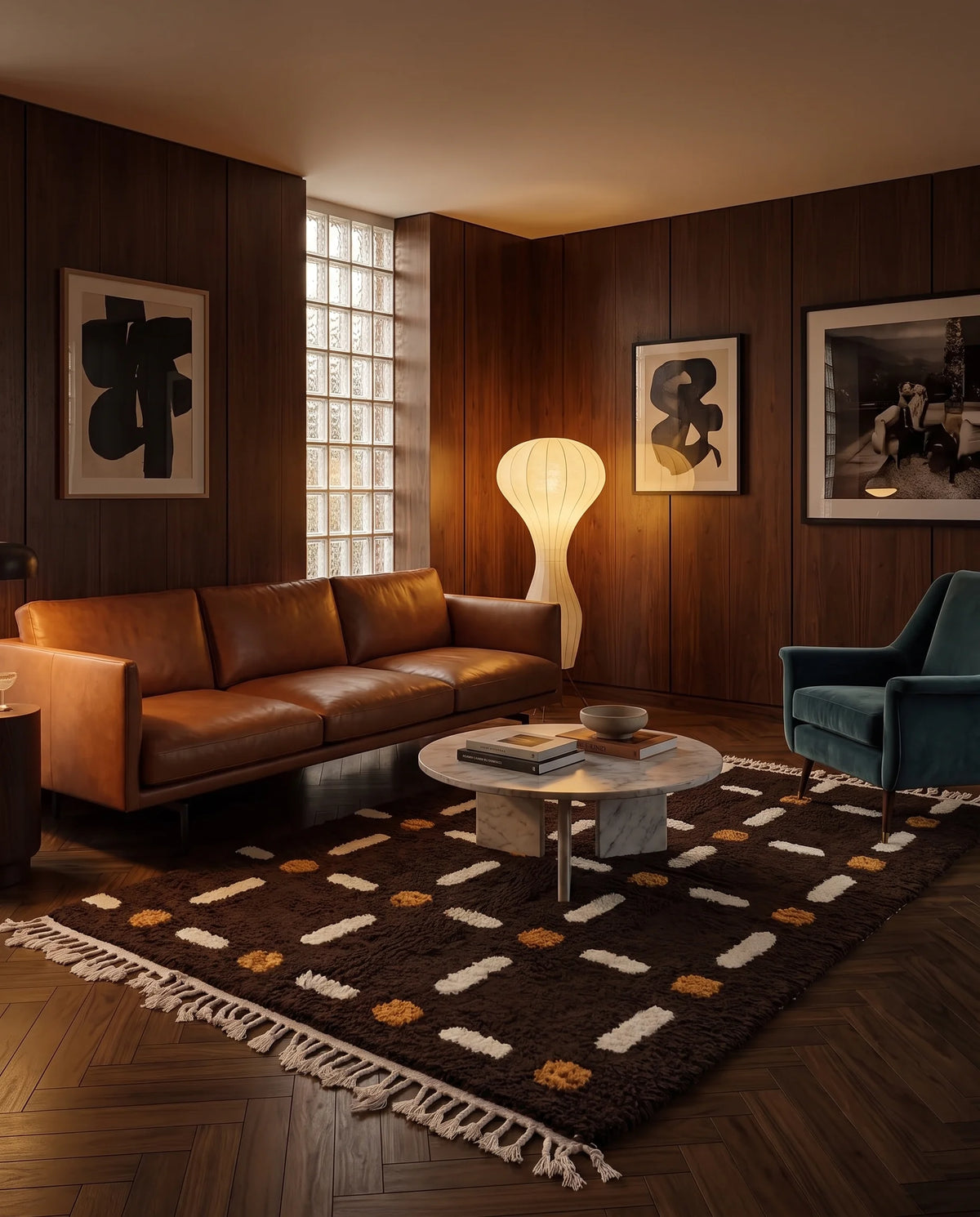 Cream, Ochre Yellow and Dark Brown grid wool rug in a furnished room