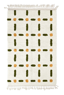 Open Crossing grid wool rug, olive green lines and ochre yellow accents on cream, full view