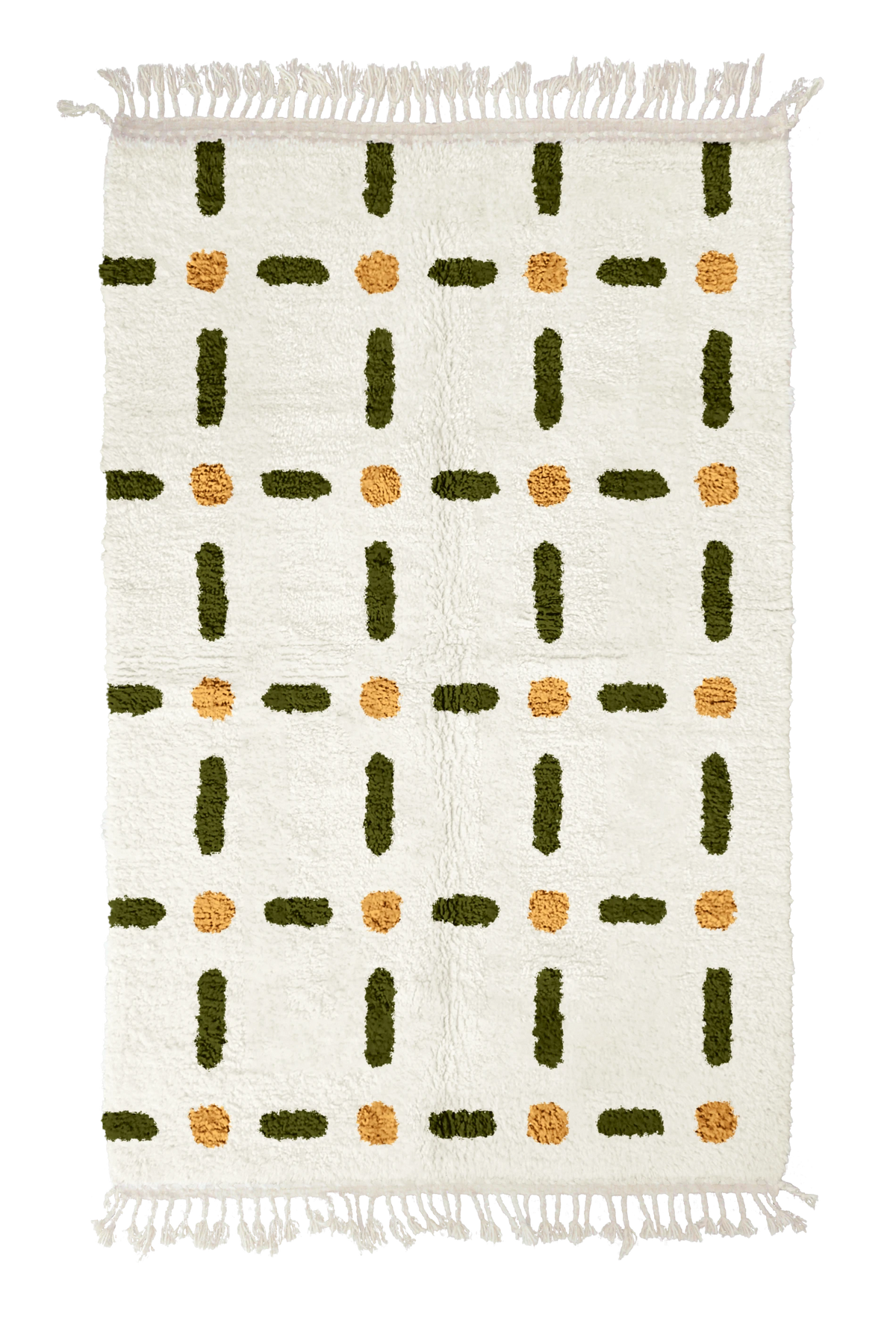 Open Crossing grid wool rug, olive green lines and ochre yellow accents on cream, full view
