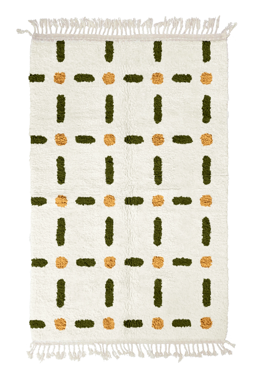 Open Crossing grid wool rug, olive green lines and ochre yellow accents on cream, full view