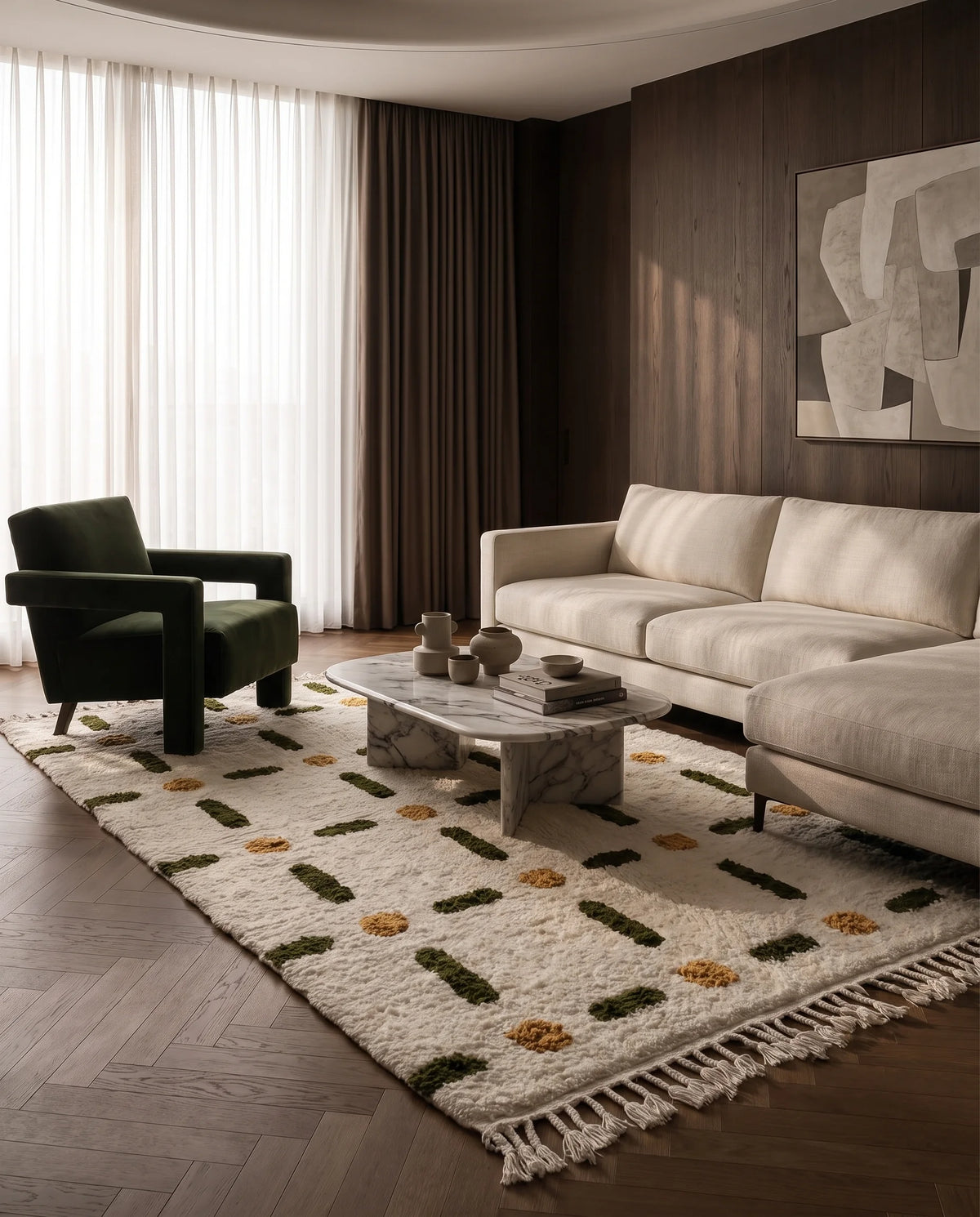 Olive Green, Ochre Yellow and Cream grid wool rug in a furnished room