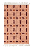 Load image into Gallery viewer, Open Crossing grid wool rug, oxblood red lines and terracotta accents on blush pink, full view
