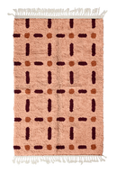 Open Crossing grid wool rug, oxblood red lines and terracotta accents on blush pink, full view