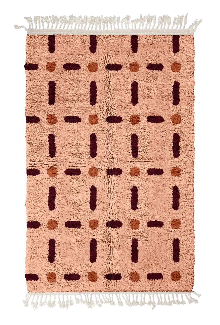 Open Crossing grid wool rug, oxblood red lines and terracotta accents on blush pink, full view