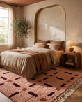 Load image into Gallery viewer, Burgundy, Terracotta and Blush Pink grid wool rug in a furnished room
