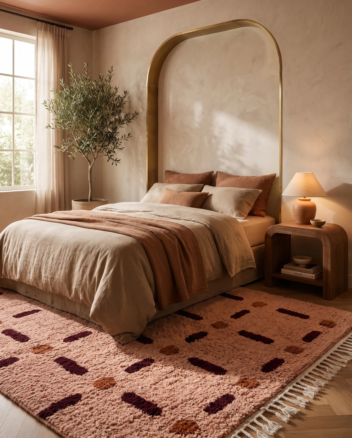 Burgundy, Terracotta and Blush Pink grid wool rug in a furnished room