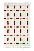 Load image into Gallery viewer, Open Crossing grid wool rug, burgundy lines and ochre yellow accents on cream, full view
