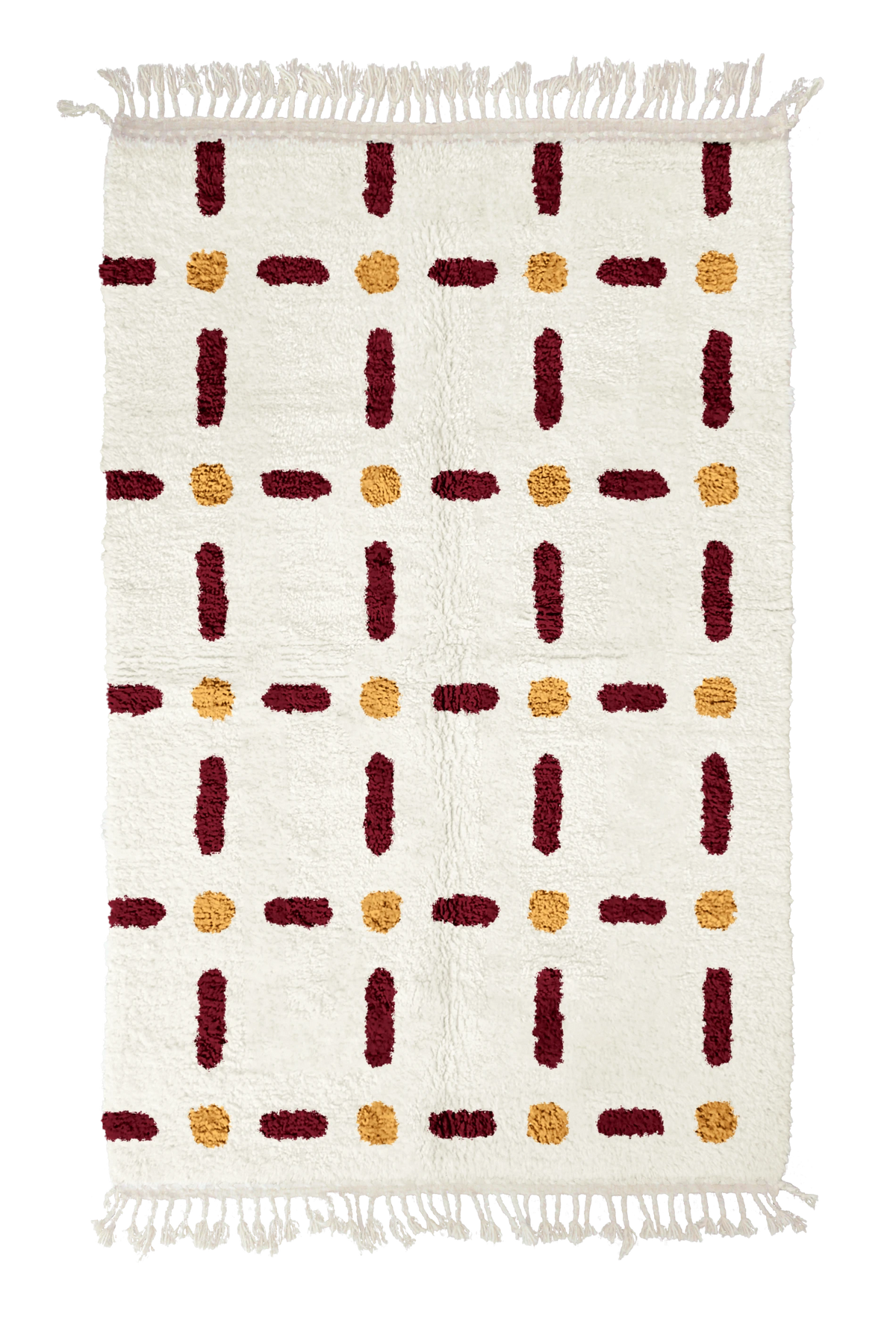 Open Crossing grid wool rug, burgundy lines and ochre yellow accents on cream, full view