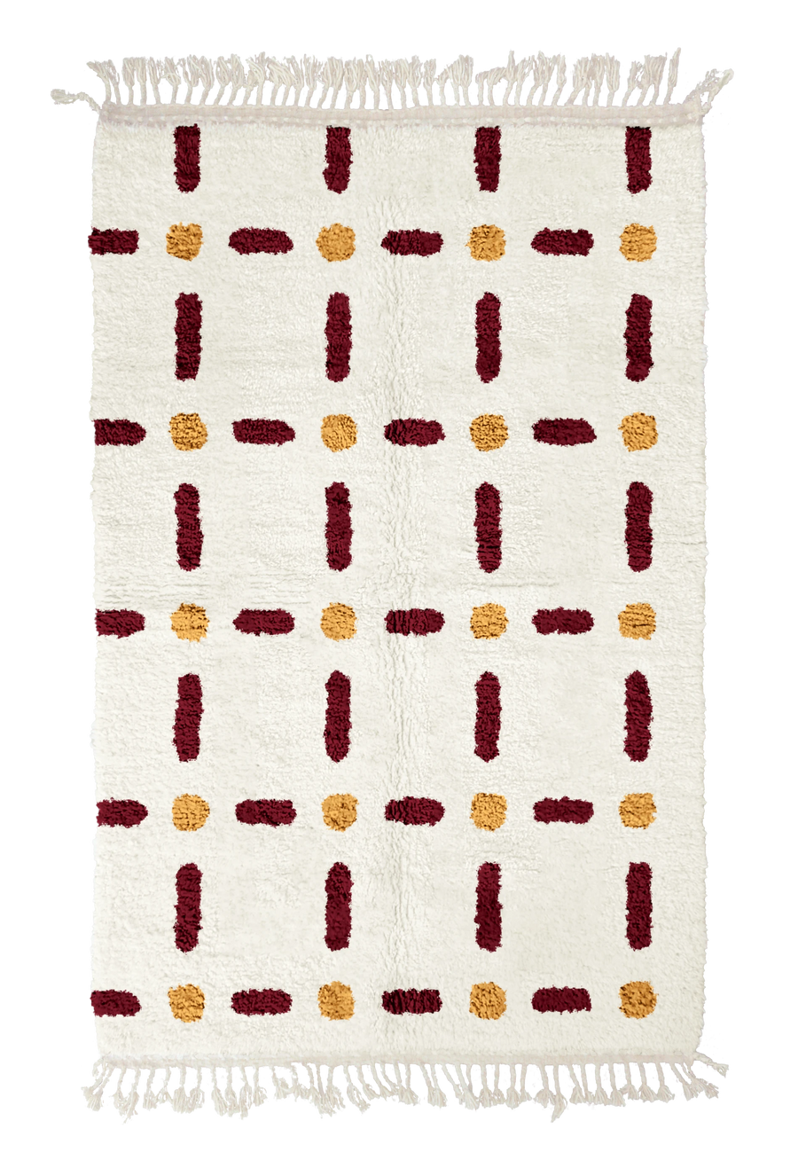 Open Crossing grid wool rug, burgundy lines and ochre yellow accents on cream, full view