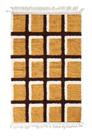 Shadow Crossing grid wool rug, dark brown lines and cream accents on ochre yellow, full view