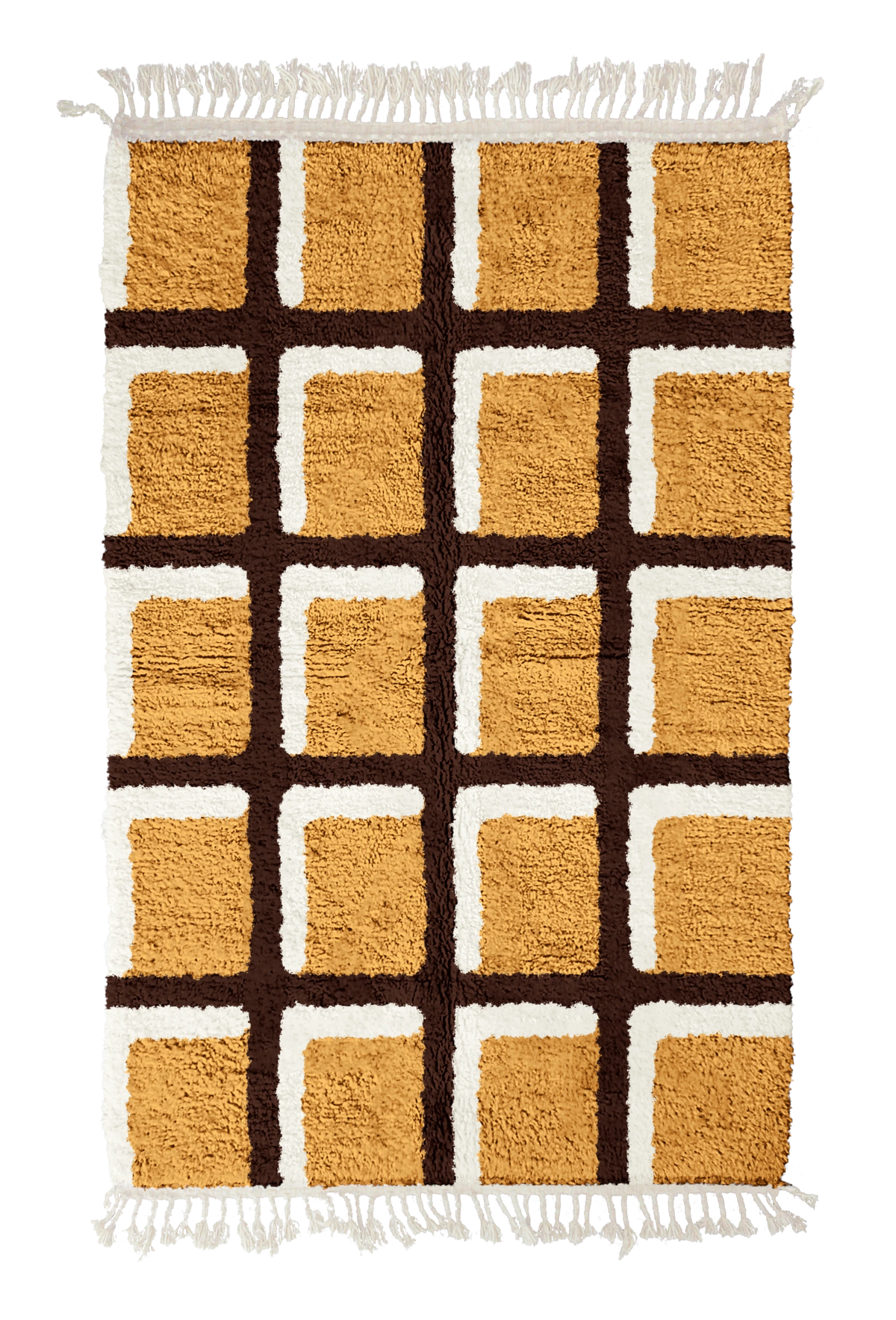 Shadow Crossing grid wool rug, dark brown lines and cream accents on ochre yellow, full view