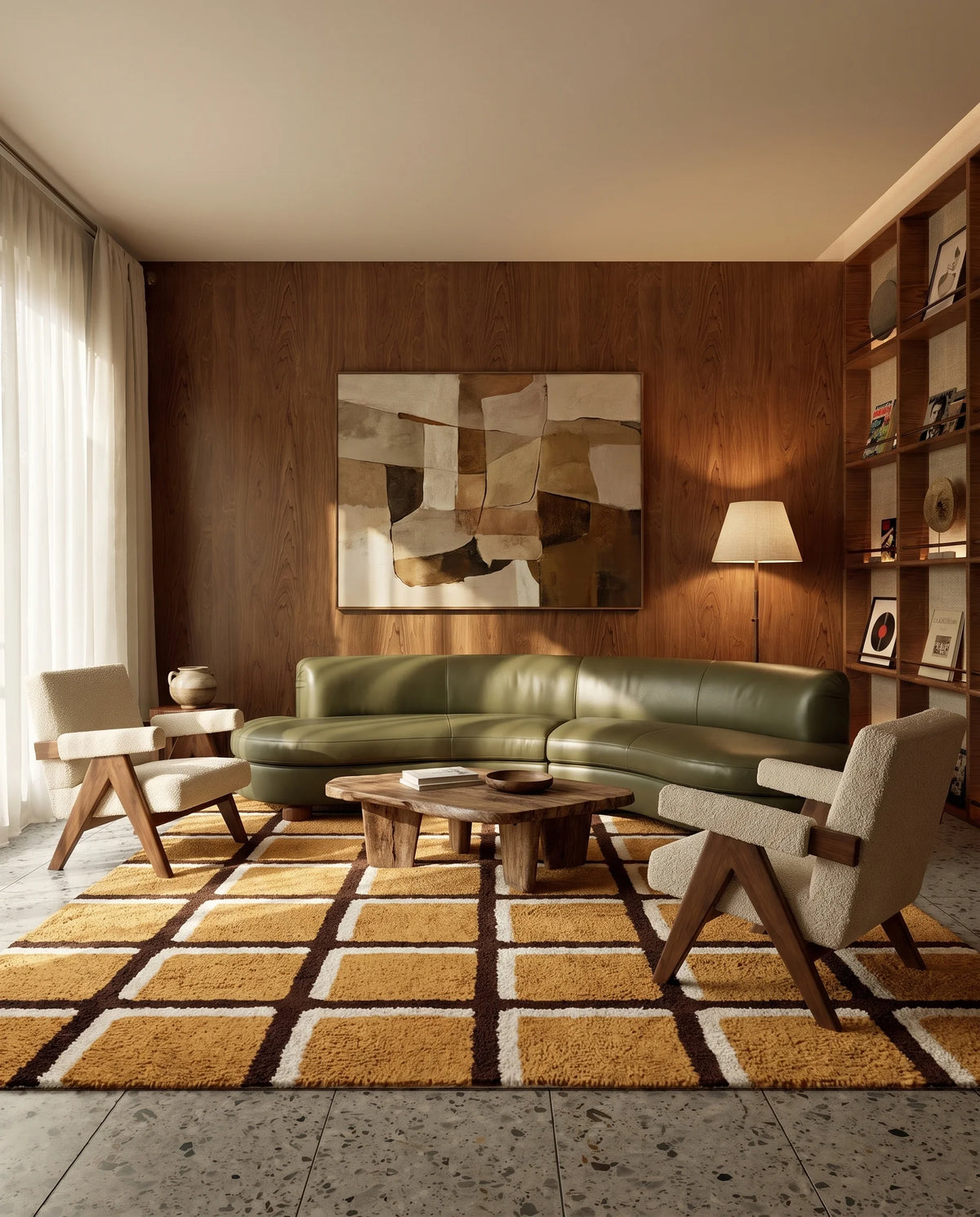 Brown, Cream and Ochre Yellow grid wool rug in a furnished room