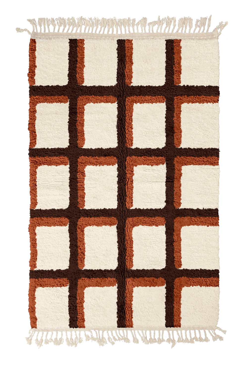 Shadow Crossing grid wool rug, dark brown lines and terracotta accents on cream, full view