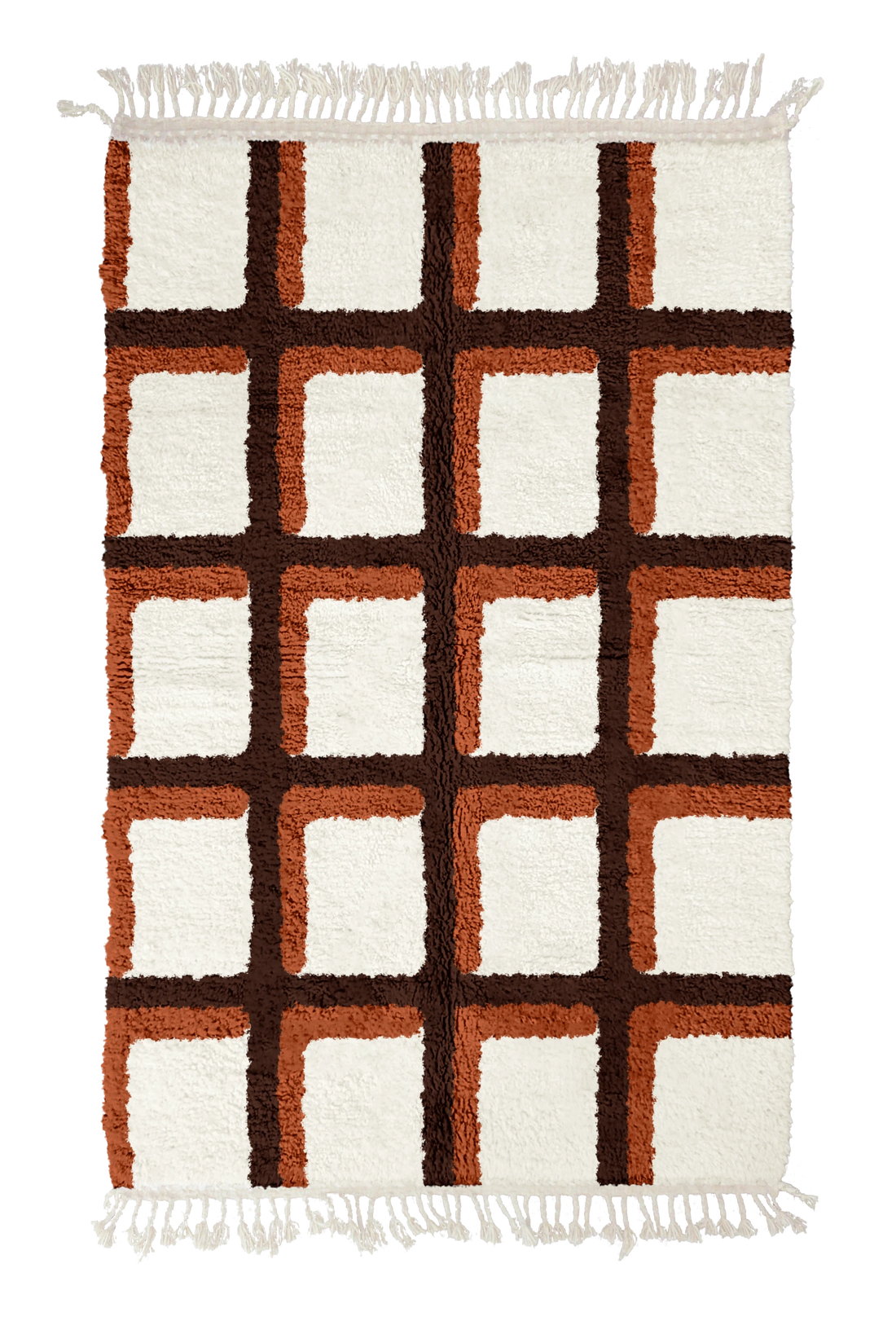 Shadow Crossing grid wool rug, dark brown lines and terracotta accents on cream, full view