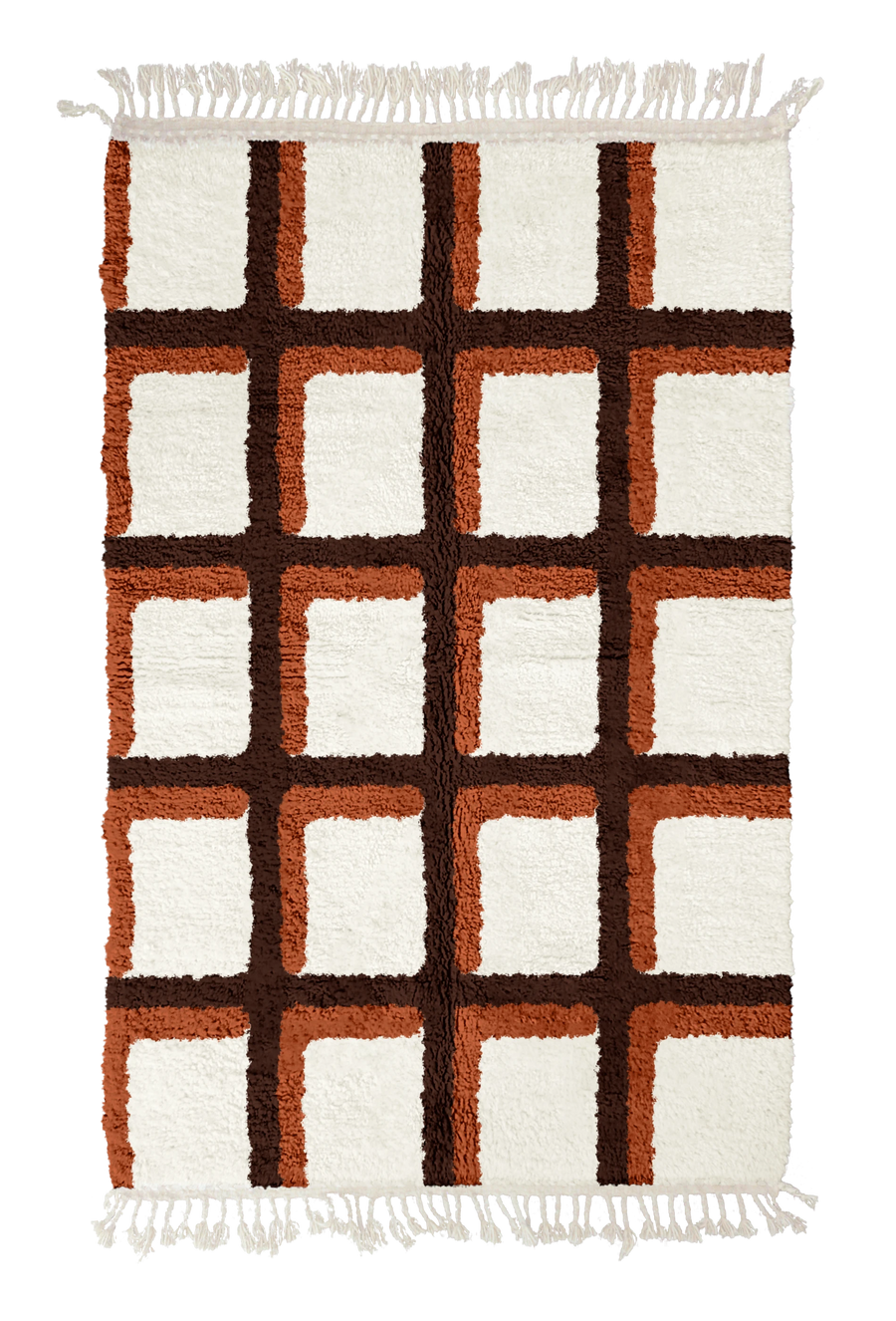 Shadow Crossing grid wool rug, dark brown lines and terracotta accents on cream, full view